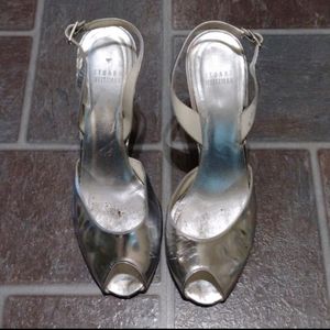 Stuart Weitzman Y2K sling back silver clear wedge heel sandal size 9.5
